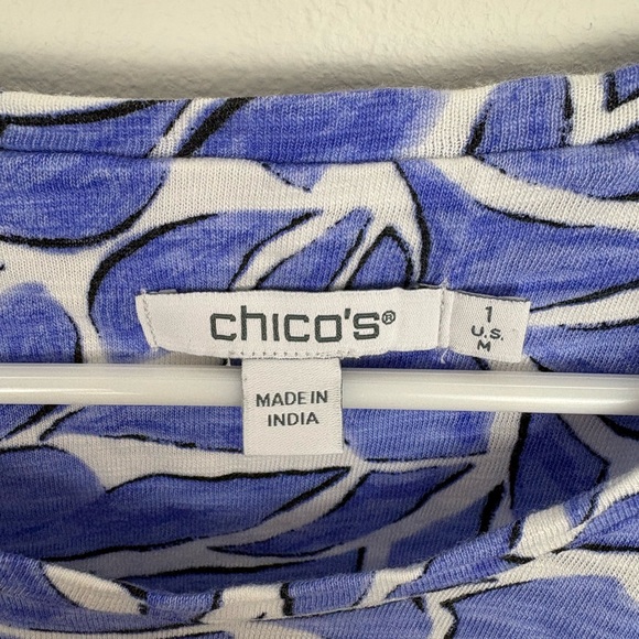 Chico's Blue Leaf-Print Ruffle-Cuff Blouse Cotton Modal size 1/Med - Picture 6 of 10